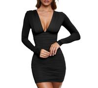 AOWVUTS Womens Sexy Mini Dress Long Sleeve Deep V-Neck Ruched Dresses Soft Bodycon Wrap Dress Slim Fit Casual Party Club Short High Elasticity Cocktail Pencil Dress Black