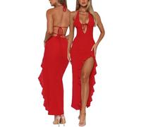 AOWVUTS Womens Sexy Maxi Dress Sleeveless Backless Long Dress Deep V Neck Halter Ruffle Hem Bodycon Dresses High Slit Formal Party Dresses for Club Cocktail Prom Evening Night Out