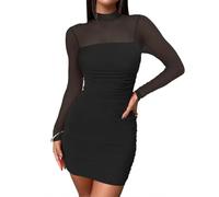 AOWVUTS Womens Sexy Mini Dress Mesh Long Sleeve Ladies Bodycon Ruched Short Dress Elegant Mock Neck Slim Fit Wrap Dresses Cocktail Party Club Night Out Dresses Black