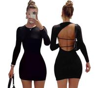 AOWVUTS Womens Sexy Mini Dress Long Sleeve Bodycon Dresses Crew Neck Backless Short Dress Hip-Hugging Tight Dress Basic Slim Fit Wrap Dress Club Cocktail Party Dress for Lady Black