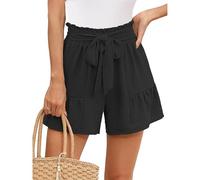AOWVUTS Women's Shorts Drawstring Summer Shorts Elastic Waist Loose Fit Casual Shorts Beach Hotpants Wide Leg Pants (UK, Alpha, S, Regular, Regular, Black)