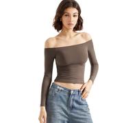 AOWVUTS Women's Slim Fit Crop Top Off Shoulder Tops Long Sleeve Tight T-Shirt Casual Solid Color Brown