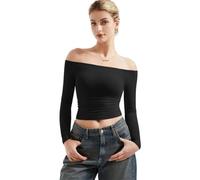 AOWVUTS Women's Slim Fit Crop Top Off Shoulder Tops Long Sleeve Tight T-Shirt Casual Solid Color T Shirt Sexy Basic Blouse Tee Tops Y5K Tops Fashion Club Party Aesthetic Streetwear Black