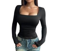 AOWVUTS Women's Slim Fit Crop Tops Long Sleeve Square Neck Tight T-Shirt Stretchy Y2K Top Casual Solid Color Basic Going Out Blouse Tee for Club Party Streetwear Black
