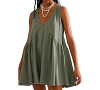 AOWVUTS Women's Summer Dress V Neck Sleeveless Mini Dress A-Line Casual Loose Beach Casual Sundress Swing Ladies Ruched Tank Dress with Pockets Green