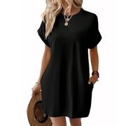 AOWVUTS Women's Summer Dresses Casual Short Sleeve Mini Dress Loose Crew Neck T-Shirt Tunic Dress with Pockets Black