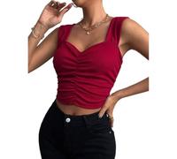 AOWVUTS Women's V-Neck Sleeveless Slim Fit Ruched Crop Top Red S