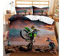 AOXHFNV 3D Motorcycle Duvet Cover Motocross Bedding Set Motorcycle Racing Duvet Cover with Pillow Case for Teenage Extreme Sports (135×200cm, Green)