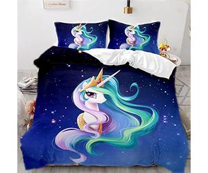 AOXHFNV Pink Unicorn Duvet Cover, Cute Unicorn Girls Children's Bed Linen 135 x 200 cm With 2 Pillowcases (135 x 200 cm, Blue)