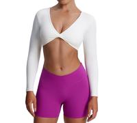Aoxjox Long Sleeve Crop Tops for Women Metamorph Sienna Twist Deep V Workout Cropped T Shirt Top, A White, XS