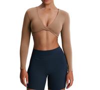 Aoxjox Long Sleeve Crop Tops for Women Sienna Twist Deep V Workout Cropped T Shirt Top, Brownie, XS