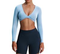 Aoxjox Long Sleeve Crop Tops for Women Sienna Twist Deep V Workout Cropped T Shirt Top, Light Blue, XS