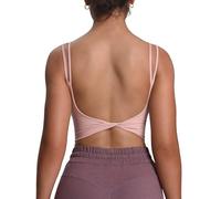 Aoxjox Women's Workout Sports Bras Fitness Padded Backless Yoga Crop Tank Top Twist Back Cami, Woodrose, M