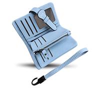 AOXONEL Women's Small Bifold Leather Wallet RFID Blocking Ladies Wristlet with Card Holder id Window Coin Purse (Light Blue)