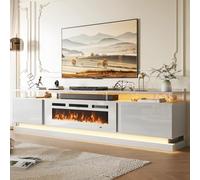 Aoxun Electric Fire Insert TV Stand, 203cm Media Console Storage Table & 92cm Electric Fireplace with Remote Control, 12 LED Backlight, 12 Flame Colors, Adjustable Temperature, White