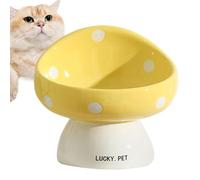 AOYEBO Ceramic Elevated Cat Bowls - Adjustable Height & Anti-Leak Design (Polka Dot Pattern, Indoor Cats/Flat-Faced Breeds) (Yellow)