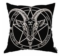 AOYEGO Baphomet Satanic Goat Head Throw Pillow Cover Horned Goat Head Pentagram Curlicues Animal Circle Demon Devil Pillow Case 18x18 Inch Decorative Men Women Room Cushion Cover for Home