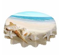 AOYEGO White Shells Round Tablecloth 60 Inch Ocean Tropical Beach Conch Starfish Sand Sky Sunny Summer Holiday Table Cloth Polyester Tablecloths for Home Decor, Parties, Picnic
