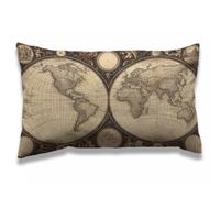 AOYEGO World Map Throw Pillow Cover 12x20 Inch Nautical Compass Vintage Wanderlust Circle Rectangle Pillow Cases Home Decorative Cotton Linen Cushion Cover for Bed Sofa Brown Beige