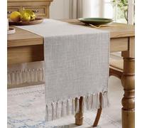 Aoztio Boho Rural Rustic Tassel Table Runner, Cotton Linen Light Coffee Table Runners for Dining Table, Kitchen Decor, Holiday Parties and Everyday Use (Light Coffee, 180cm)