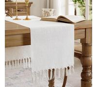 Aoztio Boho Rural Rustic Tassel Table Runner, Cotton Linen Off White Table Runners for Weddings, Christmas Table Runner, Holiday Parties and Everyday Use (Off White, 90cm)