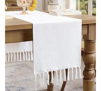 Aoztio Boho Rural Rustic Tassel Table Runner, Cotton Linen White Table Runners for Weddings, Christmas Table Runner, Holiday Parties and Everyday Use (White, 120cm)