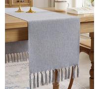 Aoztio Boho Table Runner, Cotton Linen Table Runners with Handmade Tassels, Rustic Farmhouse Table Runners for Dining Table, Kitchen Decor, and Everyday Use (Silver Grey, 230cm)