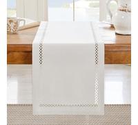 Aoztio Rustic Table Runner 150cm Long, Machine Washable, Linen-Style Rustic Geometric Lace Table Runners for Dining Room, Kitchen, Holiday Parties and Everyday Use (Off White, 150cm)
