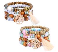 AOZUO 8 Piece Boho Multi Layer Wooden Beaded Bracelet, Elastic Tassel Bohemian Bracelet, Tree of Life Charm Jewellery for Women Christmas Birthday Gift