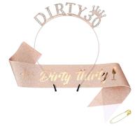 AOZUO Dirty 30 Rhinestone Headband and Sash Set, Thirty Tiara Birthday Decoration Gifts, Rose Gold Party Supplies for Women