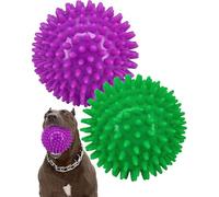Aozuoton 2 Pack 3.5” Heavy Duty Squeaky Dog Ball for Medium Large Dogs, Spikey Dog Ball Toys for Clean Teeth and Training, Large Dog Toys for Aggressive Chewers (Green/Purple)
