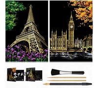 AP ARTSPER Scratch & Engraving Arts Paper(16" x 11.2") for Teens & Adults, Rainbow Sketch Painting Landscape Scratchboard, Craft Kits: 2 Pack with 4 Tools - Drawing Pens, Brush(Big Ben/Eiffel Tower)