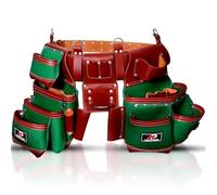 AP-LEATHER Full Grain Leather & Nylon Heavy-Duty Tool Belt Pouch with Suspender & Nylon, 28 Pocket, EVA Foam Padded Comfort, Adjustable 30"-50" Fit (Green)