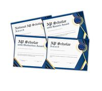 AP Scholar Awards Certificates Mixed 30pk 8.5x11” 10 AP Scholar, 10 with Honors, 5 with Distinction, 5 National Scholar Graduation Cord Test Scores Exam