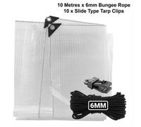 AP Supplies 3M X 3M Clear M-Grade Tarpaulin With 10 Meters X 6mm Bungee Rope And 10 X Slide Type Tarp Clips