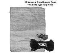 AP Supplies 3M X 3M Grey S-Grade Tarpaulin With 10 Meters X 6mm Bungee Rope And 10 X Slide Type Tarp Clips