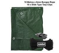 AP Supplies 3M X 4M Green S-Grade Tarpaulin With 10 Meters X 6mm Bungee Rope And 10 X Slide Type Tarp Clips