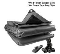 AP Supplies 4M X 5M Silver Xl-Grade Tarpaulin With 10 X 6" Bungee Balls (Black) And 10 X Screw Type Tarp Clips