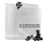 AP Supplies 4M X 6M Clear M-Grade Tarpaulin With 10 X 6" Bungee Balls (Black) And 10 X Screw Type Tarp Clips