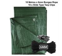AP Supplies 5M X 6M Green M-Grade Tarpaulin With 10 Meters X 6mm Bungee Rope And 10 X Slide Type Tarp Clips