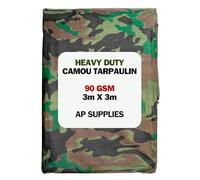 AP Supplies 90gsm Camouflage Tarpaulin 3m x 3m - M-Grade Camo Tarp with Eyelets Every 1m - Lightweight Waterproof Ground Sheet for Camping, Hunting, Garden & Outdoor Cover, Army Green Polyethylene