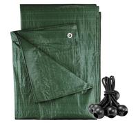 AP Supplies Tarpaulin 3m x 5m with 10 Black 4in Bungee Balls, Green 90gsm | Waterproof Medium Duty M-Grade Sheet Cover, Black 4in Ball Bungees, 12mm Eyelets Every 1m, UV Protection
