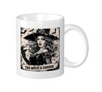Apaartment Witch Print Mug Hand Painted Beautiful Scary Woman Bat Magic Hat White Black Ceramic Poster Light Weight Pantry Mug