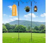 APACALI 1 Pack Double Shepherds Hooks 240cm / 94inch, Adjustable Height Shepherds Crook with with 5 Prong Base, Shepherd's Crook for Garden Lanterns Lights Plant Baskets (Black)