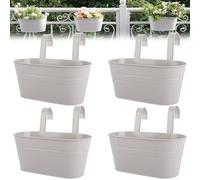APACALI 4 Pack Metal Hanging Plant Pot, 27cm Balcony Planters for Railing, Over Fence Planters with Detachable Hooks, Hanging Flower Pots for Fence Balcony Garden Home Decor, Grey