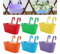 APACALI 6 Pack Metal Hanging Plant Pot, 27cm Balcony Planters for Railing, Over Fence Planters with Detachable Hooks, Hanging Flower Pots for Fence Garden Home Decor, 6 Colours