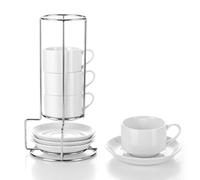 APACALI Pack of 4 Cappuccino Cups, Thick-Walled, 100 ml Mocha Cups, Thick-Walled, Includes 4 Saucers and Stand, Stackable Coffee Cups Made of Porcelain, Dishwasher Safe, White