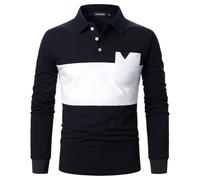 APAELEA Men's Long Sleeved Polo Shirts Patchwork Color Top with Pocket,Blue-White,S