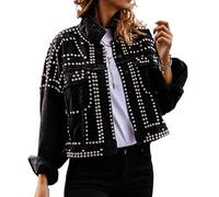 APAFES Women's Fashion Crop Fringe Denim Jacket Distressed Western Studded Black Trucker Jacket, Black, XL
