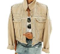 APAFES Women's Fashion Crop Fringe Denim Jacket Distressed Western Studded Black Trucker Jacket, Khaki, XL